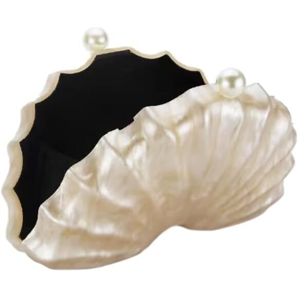 White Acrylic Shell Clutch | Elegant Evening Bag with Detachable Chain - Picture 4 of 5